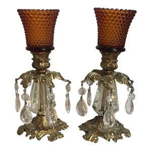 Vintage L&L 1973 Brass Crystal Candle Holders With Amber Candle Votive